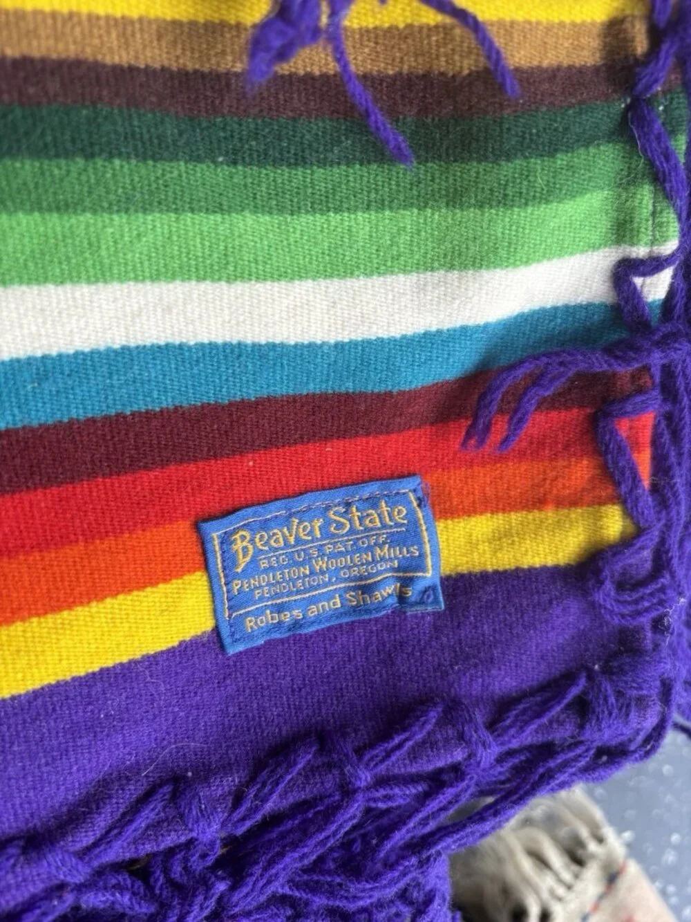 Beaver State Pendleton Stripe Mills Robe Shawl Fringed Blanket Purple Rainbow